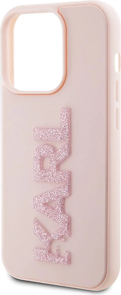 Mbështjellës Karl Lagerfeld 3D Rubber Glitter Logo për iPhone 15 Pro, rozë