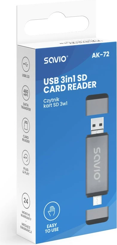 Lexues kartelash SD 3-në-1 Savio AK-72, USB-C, USB-A 2.0, Micro USB, Gri
