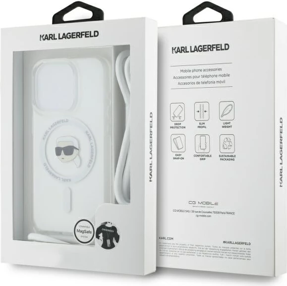 Mbështjellës Karl Lagerfeld Crossbody IML Karl Head MagSafe për iPhone 16 Pro Max, Transparent