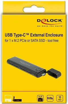 Kasë eksternale SSD DeLOCK USB-C për M.2 NVMe/SATA, 10 Gbit/s, tool-free, e zezë