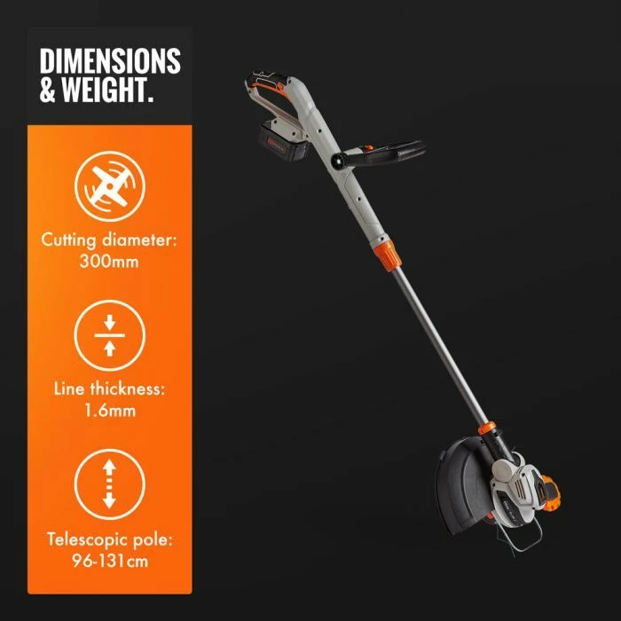 Trimer bari pa kabllo VONHAUS 3500229 40V, diametër prerje 300 mm, shtyllë teleskopike 96.5–131.5 cm, me karikues, gri/portokalli