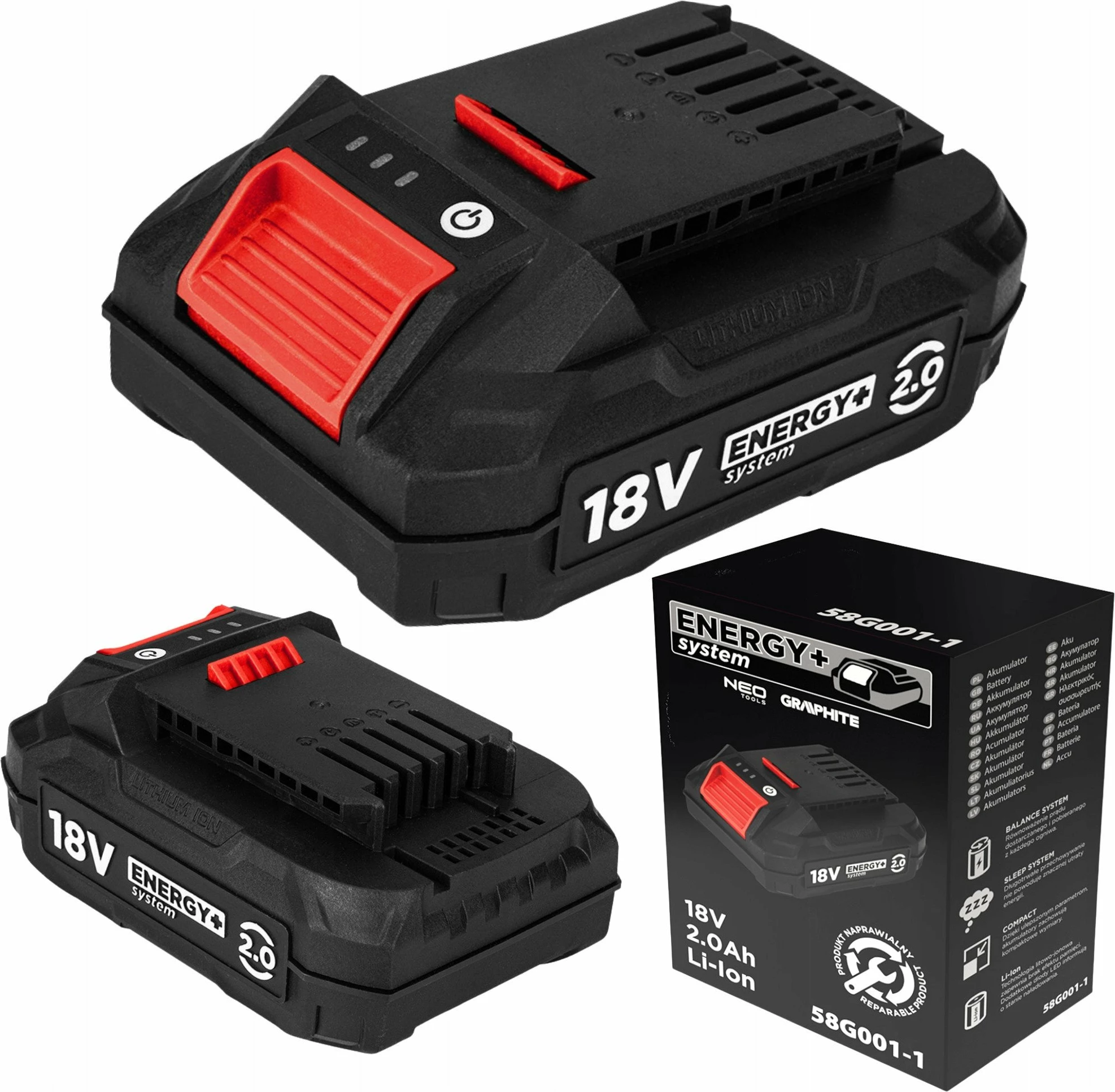 Bateri Graphite Energy+ 18V Li-Ion 2.0Ah 58G001-1, zezë/kuqe