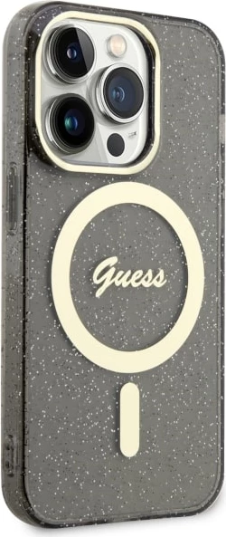 Mbështjellës Guess GUHMP14LHCMCGK për iPhone 14 Pro 6.1", Glitter Gold MagSafe, i zi