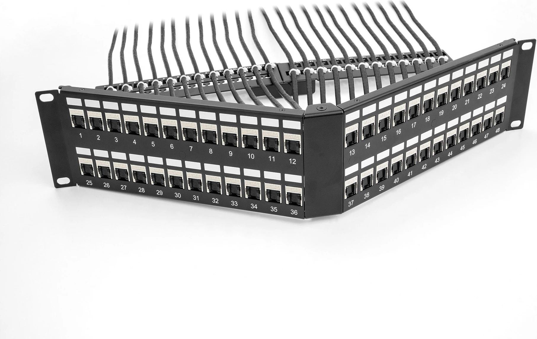 Patch panel DeLOCK 19" Keystone 48 porta, 2U i pjerrët, i zi
