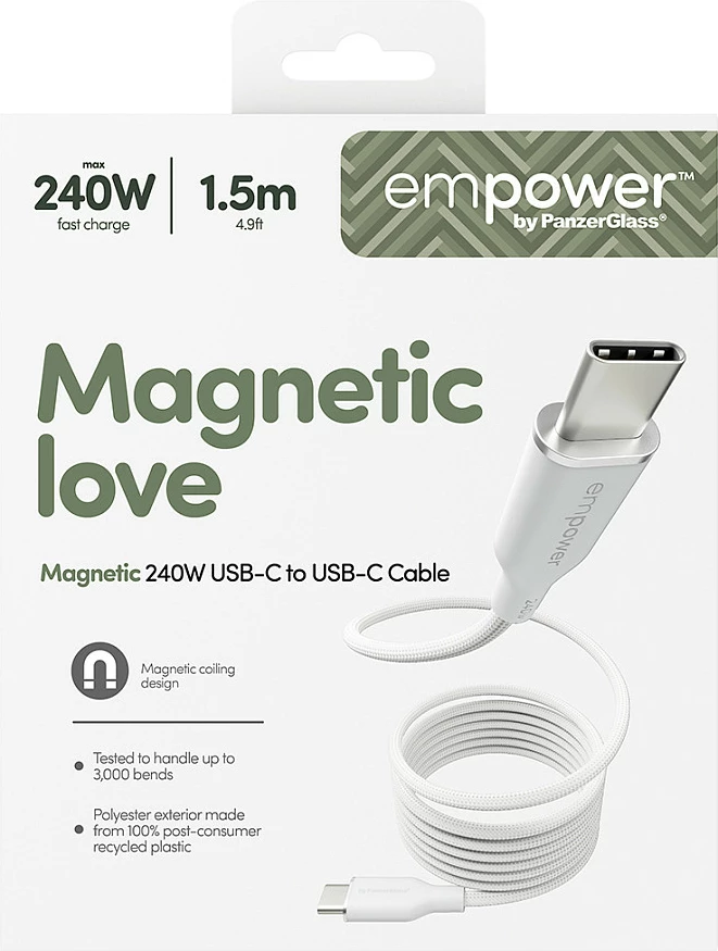Kabllo USB-C në USB-C PanzerGlass empower Magnetic, 240W, USB 2.0, 1.5m, e bardhë