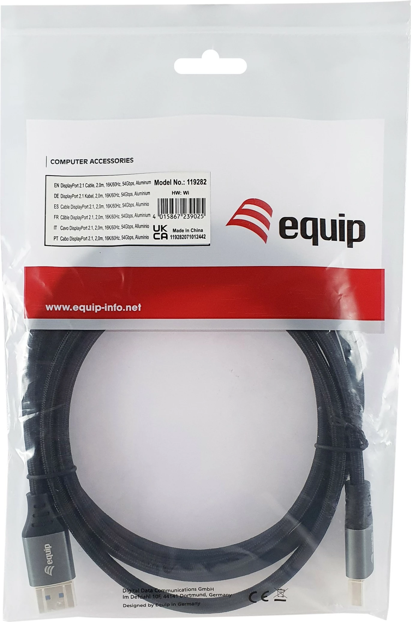 Kabllo DisplayPort 2.1 Equip, 2.0m, 16K/60Hz, 54Gbps, Argjendtë, Zi