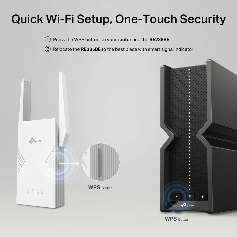 Përforcues sinjali Wi‑Fi TP-Link RE235BE Wi‑Fi 7 BE3600 Dual‑Band, 2.5G Ethernet, Mesh, WPA3, i bardhë