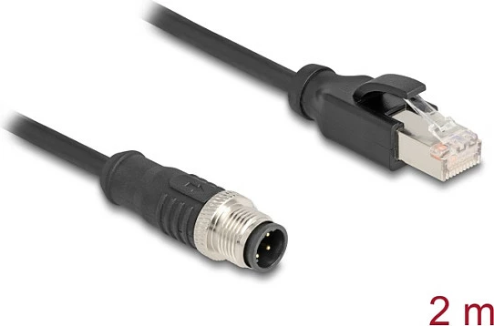 Kabllo Ethernet industriale DeLOCK M12 D-coded 4-pin në RJ45, Cat5e, 2 m, e zezë