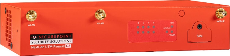 Firewall/UTM Securepoint RC100 G5, 25 përdorues, Wi‑Fi, SSD, 4x Gigabit, SIM, e kuqe