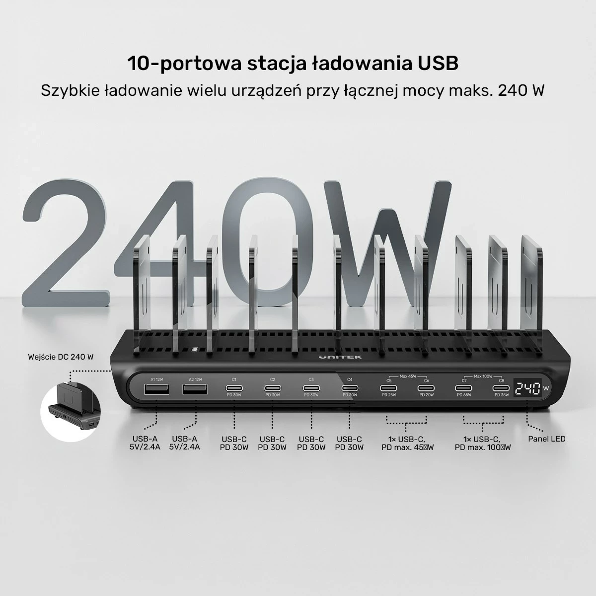 Stacion karikimi Unitek 10 porta, USB-C/USB-A, 240W, e zezë