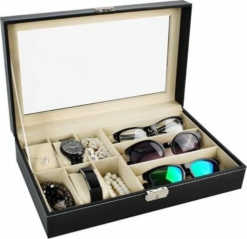 Organizer për ora dhe syze Ikonka 6+3 ndarje, me kyç, 33.5x20.5x8 cm, set me çelës, i zi