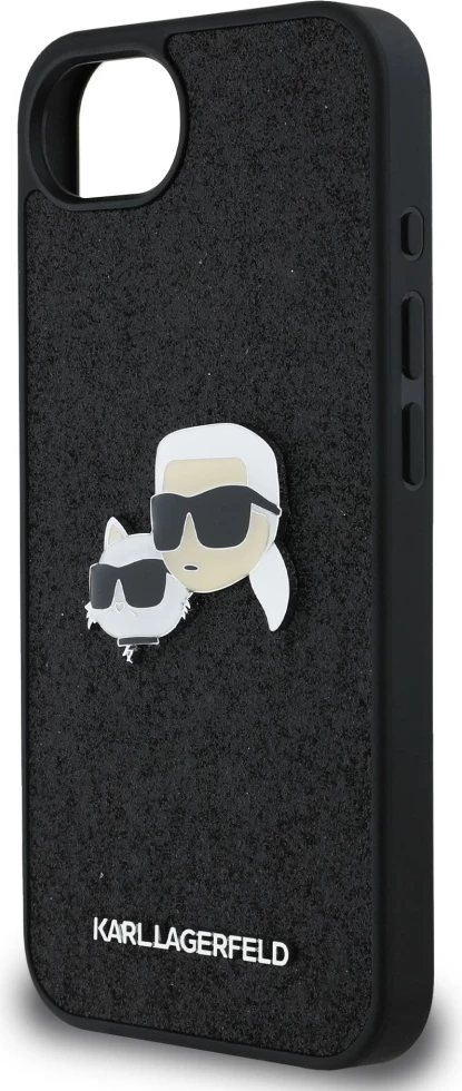 Mbështjellës Karl Lagerfeld Fixed Glitter Karl&Choupette Heads Metal Pin për iPhone 16e, i zi