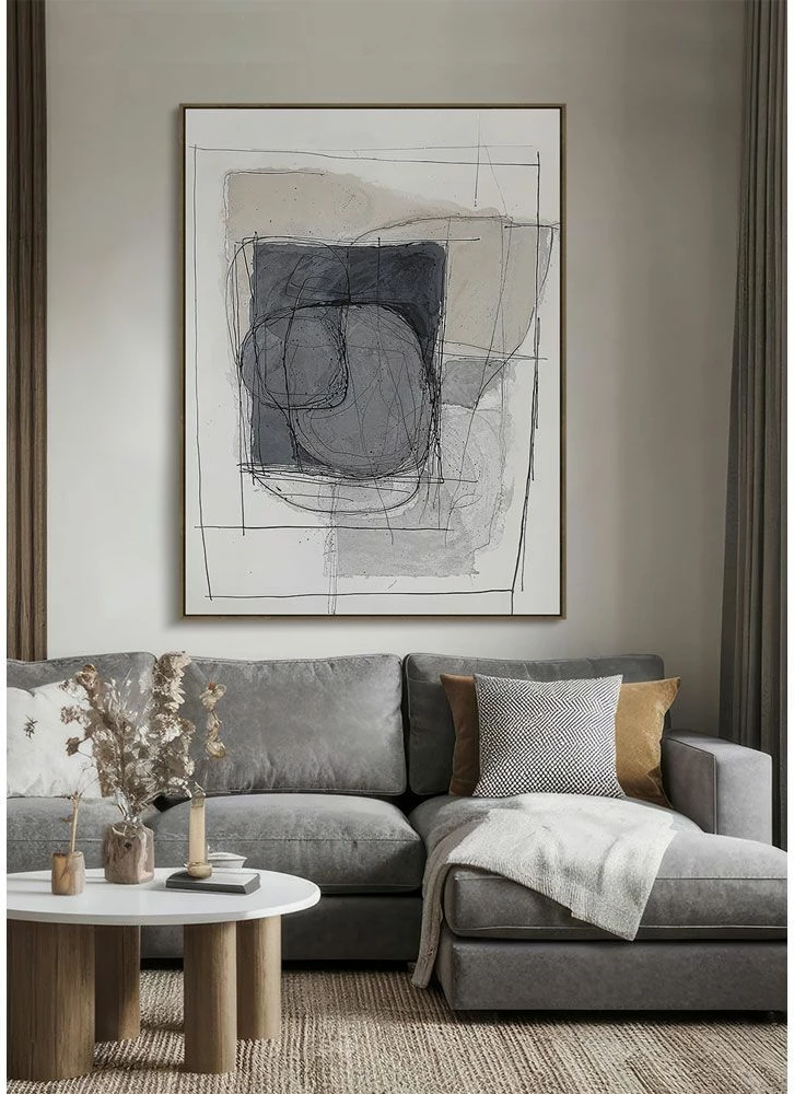 Pikturë dekorative WOMB BEAUTY me kornizë, kanavacë, blu, gri e errët, bezhë, dru natyral, 90x120x4cm