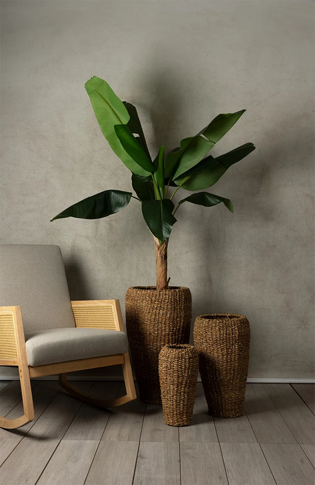 Set 3 copë vazo të gjata NEREA, kashtë deti, metal, 43x43x70