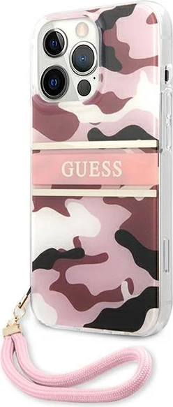 Mbështjellës Guess GUHCP13LKCABPI për iPhone 13/13 Pro 6.1", plastikë e fortë, kamuflazh, me varëse, rozë