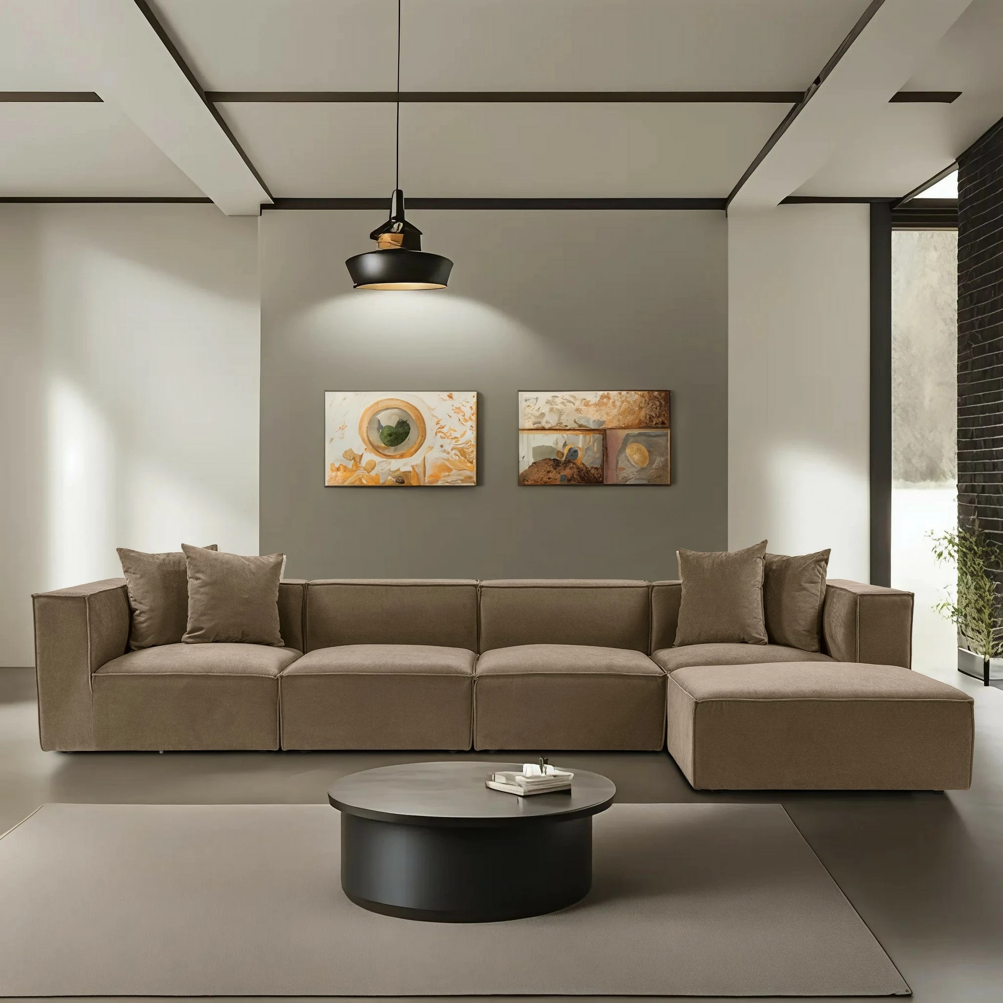 Këndore Sora me pouffe, kornizë druri, pëlhurë lino, kafe, 350x65x190cm