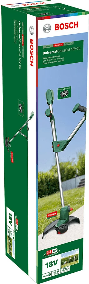 Trimer bari me bateri Bosch UniversalGrassCut 18V-26, 26 cm, 18V 2Ah, teleskopik, gjelbër/zi