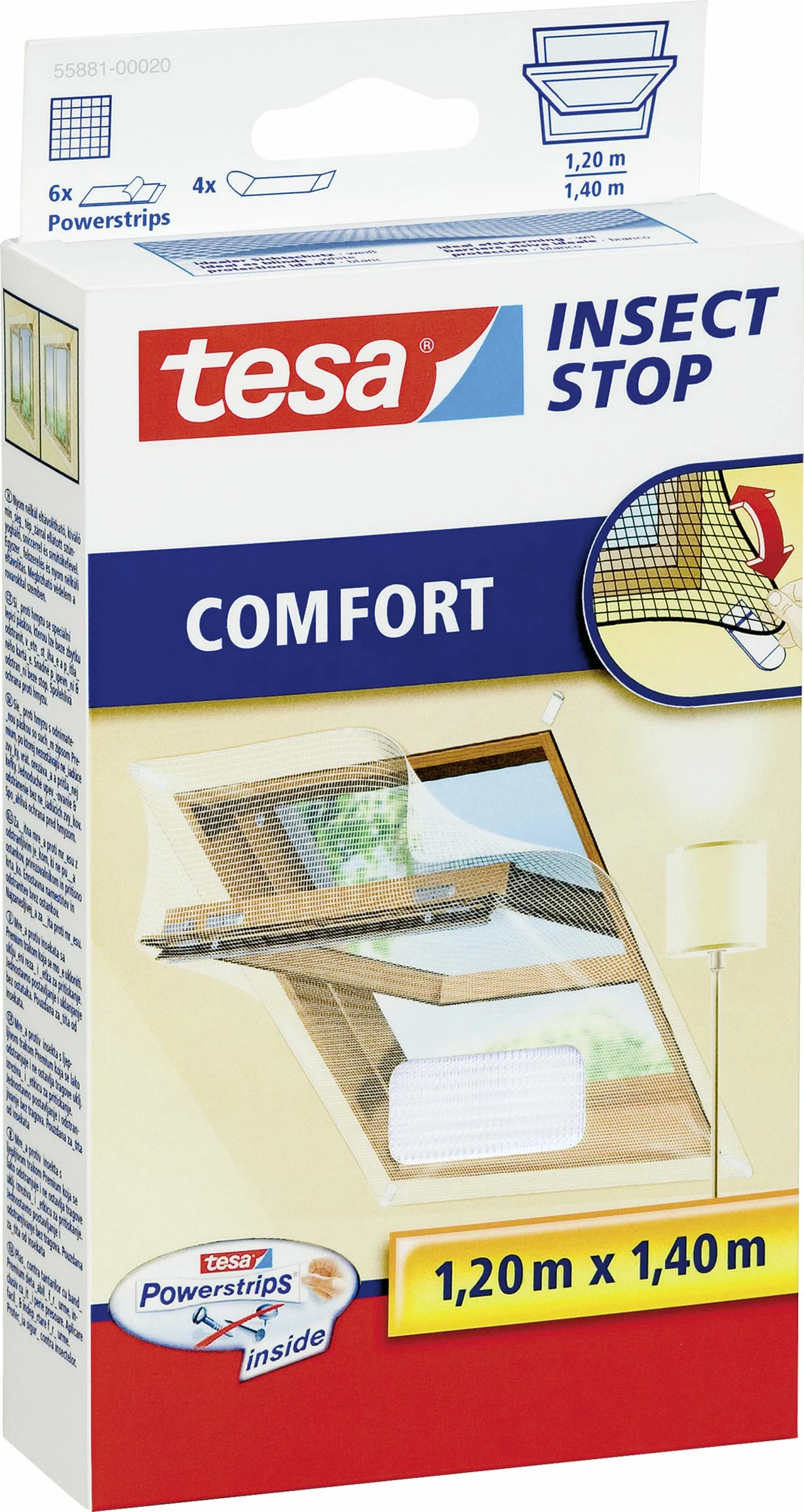Rrjetë kundër mushkonjave Tesa Comfort për dritare kulmi 1.20 x 1.40 m, e bardhë, set me Powerstrips dhe grepa (55881-00020-00)