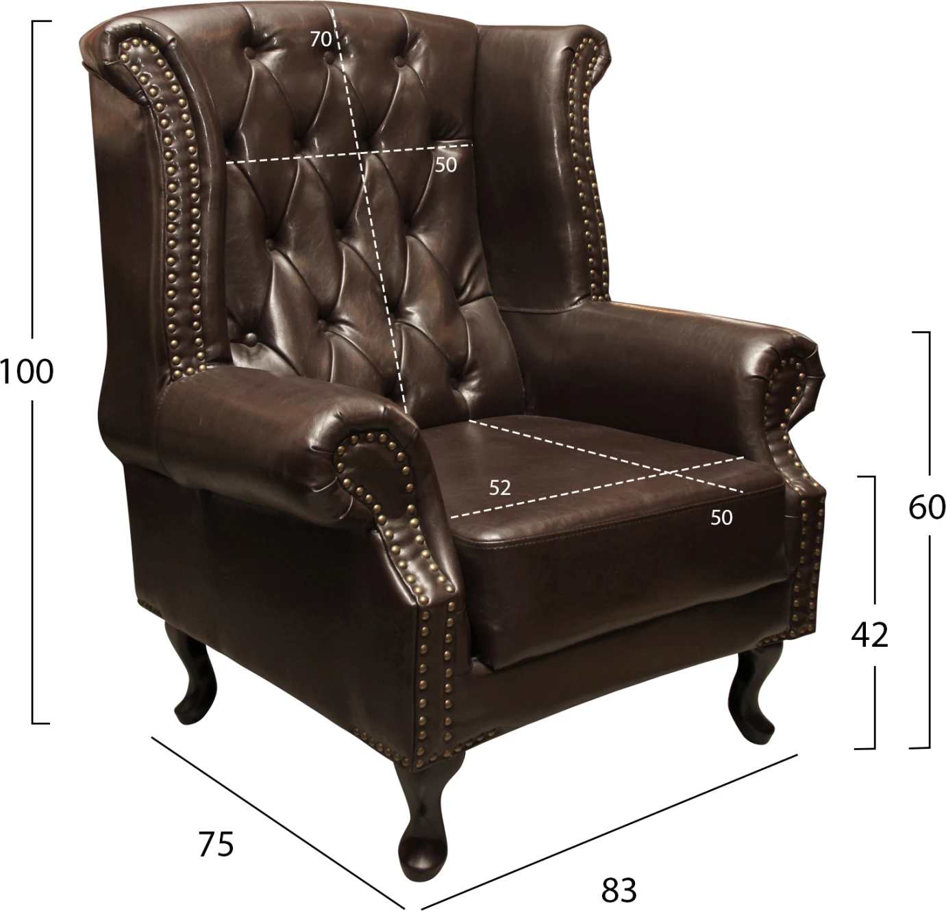 Fotelje Chesterfield-stil, Polina, FH0053.01, PU ngjyrë kafe e errët, 83x75x107 cm