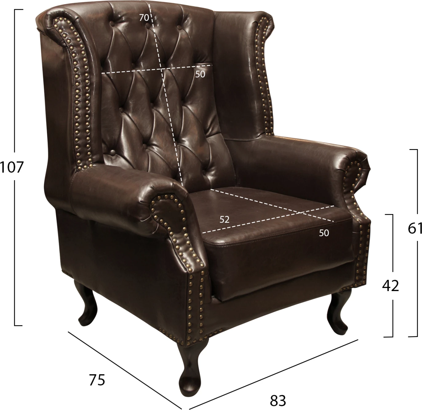 Fotelje Chesterfield-stil, Polina, FH0053.01, PU ngjyrë kafe e errët, 83x75x107 cm