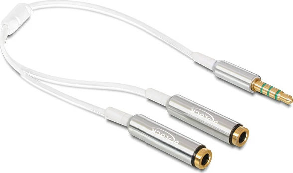 Kabllo splitter audio DeLOCK 65576, 3.5mm mashkull në 2x 3.5mm femër, 0.25 m, e bardhë