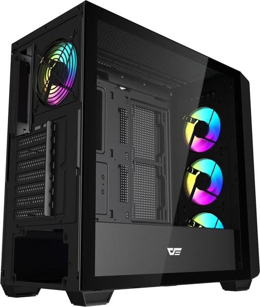 Kasë kompjuteri Darkflash DS900WD ATX Midi Tower, panel anësor xham i temperuar, mbështetje ATX/M-ATX/ITX, 2x HDD + 2x SSD, 7 slote PCIe, me 4 ventilatorë ARGB, e zezë, set x4