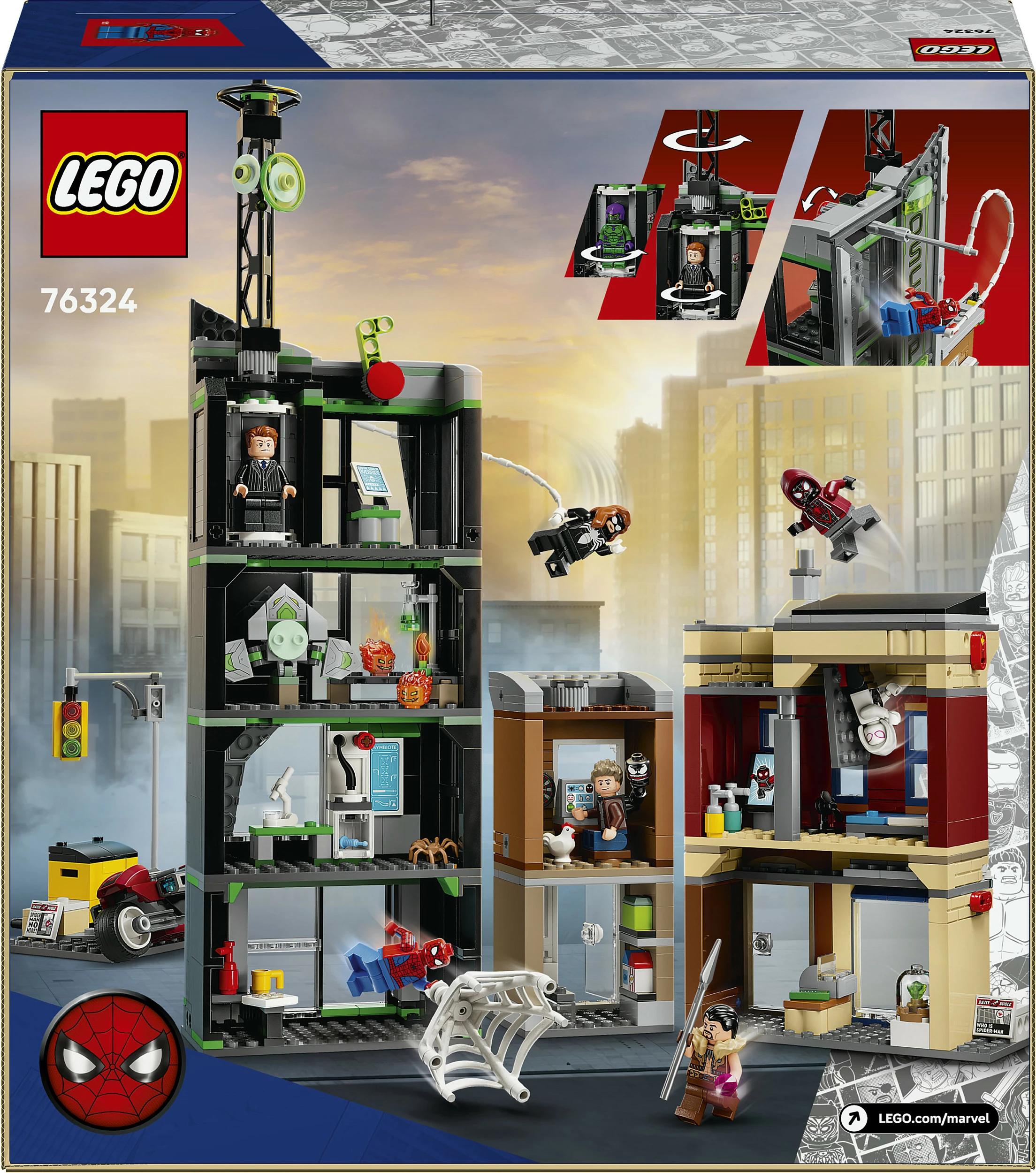 Set ndërtimi LEGO Marvel Spider-Man vs. Oscorp 76324, 808 copë, 10+, shumëngjyrësh