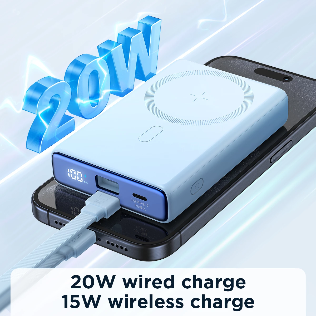 Powerbank Joyroom JR-PBM01, 10000mAh, 20W, MagSafe, me këmbë, kabllo Lightning-USB-C, Blu
