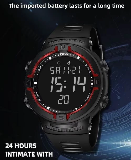 Orë sportive TPW me ekran dixhital të zi dhe detaje të kuqe OSZK