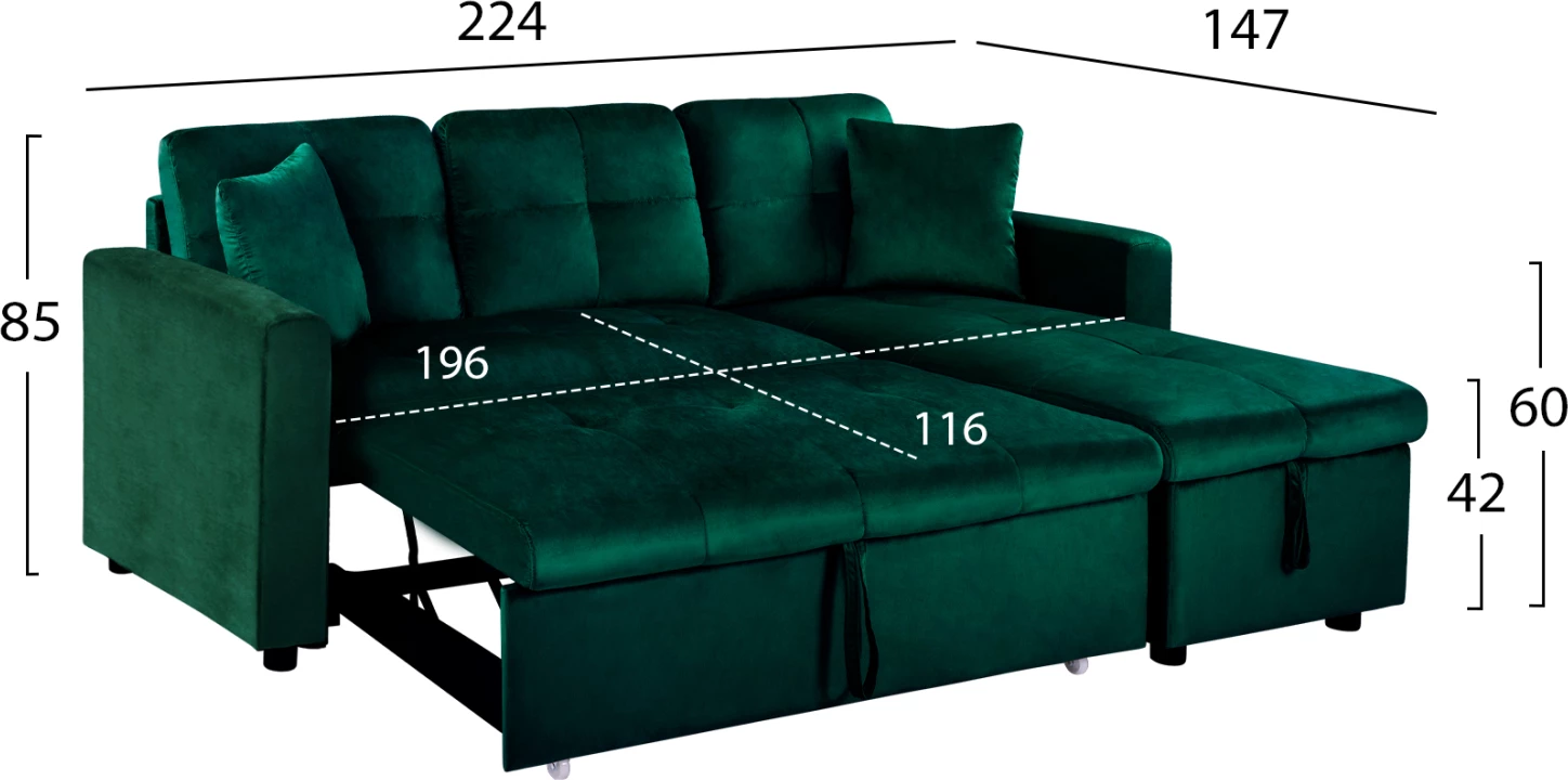 Divan qoshe që bëhet shtrat Wayne 224x147x85 FH3028.13 Kadife Jeshile Cipres