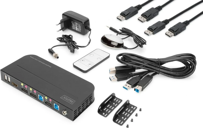 KVM switch Digitus DS-12850, 2 porta, 4K 60Hz, DisplayPort/HDMI, e zezë
