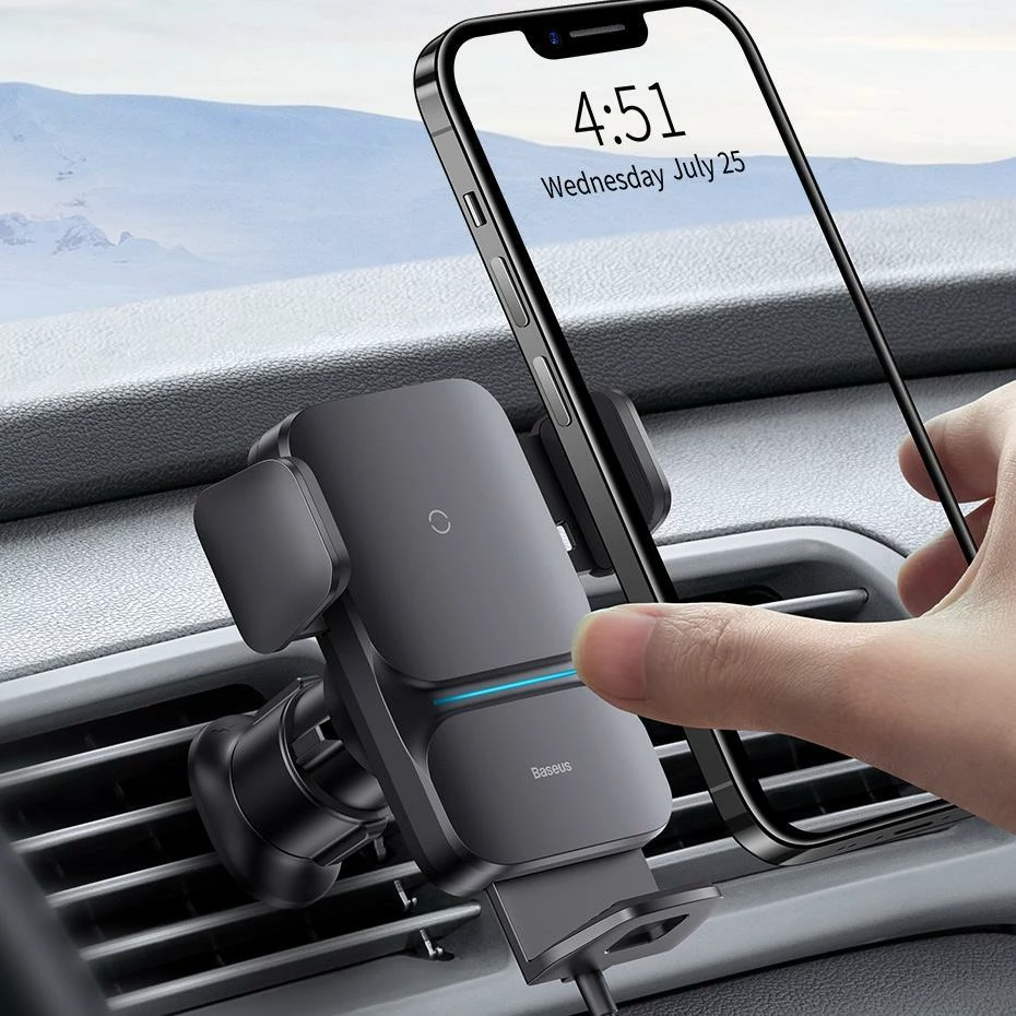 Mbajtës celulari Baseus Wisdom CGZX000001, karikim pa tel Qi 15W, për grilë ventilimi, USB-C, kabllo 1 m, i zi