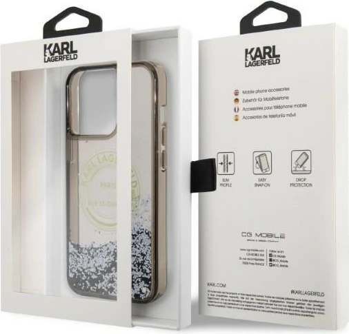 Mbështjellës Karl Lagerfeld Liquid Glitter RSG për iPhone 14 Pro Max, i zi