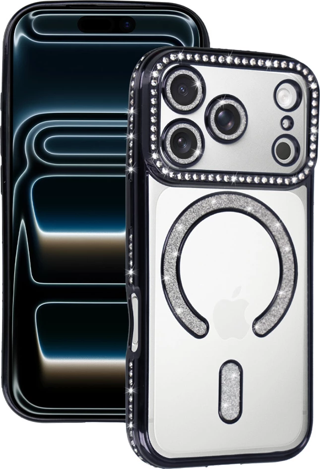 Mbështjellës silikonik MagSafe luksoz ONASI 23891 për iPhone 17 Pro, transparent i zi me gliter