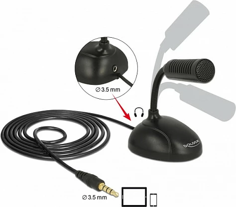 Mikrofon DeLOCK 65872 për celular/tablet, 3.5 mm, me kabllo 1.7 m, omnidireksional, i zi