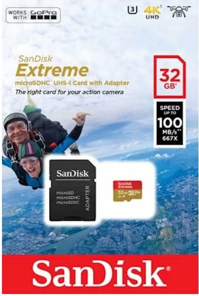 Kartelë memorie SanDisk Extreme microSDHC 32GB, 100MB/s, A1/C10/V30, UHS-I U3, me adapter SD, e kuqe/artë