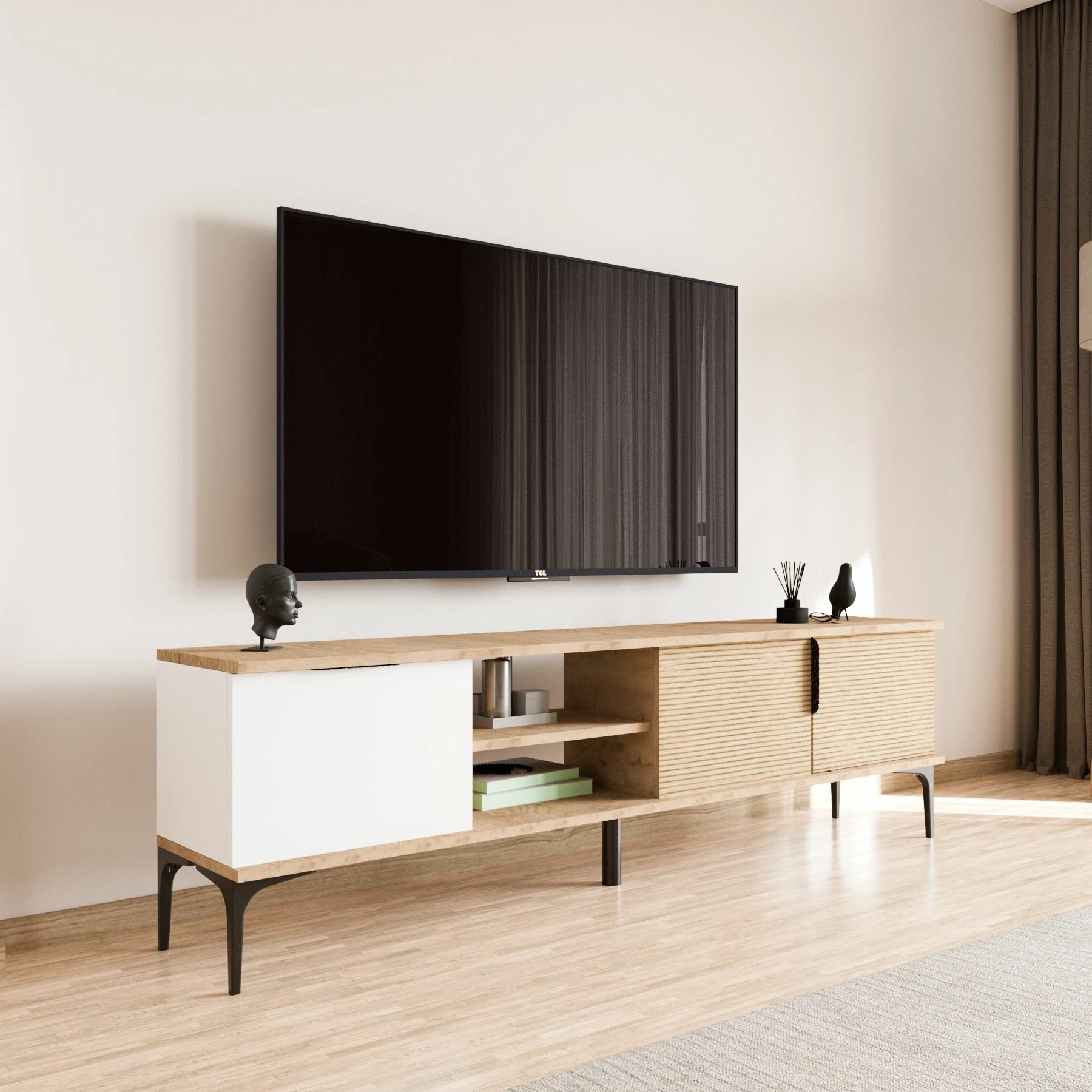 Komodë TV Hanah Home, Tarz, e bardhë dhe lis
