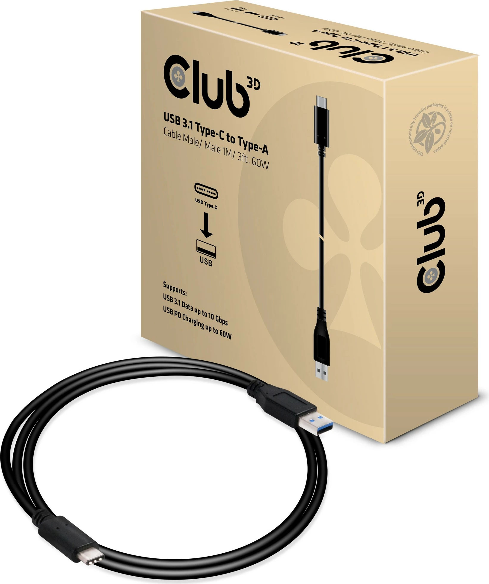 Kabllo USB Club3D USB 3.1 Type-C në Type-A 1m e zezë