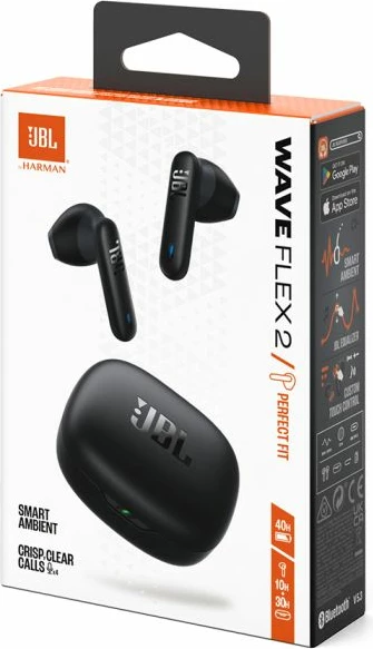 Kufje JBL Wave Flex 2, Bluetooth 5.3, me mikrofon, 40 orë, me kuti karikimi, të zeza