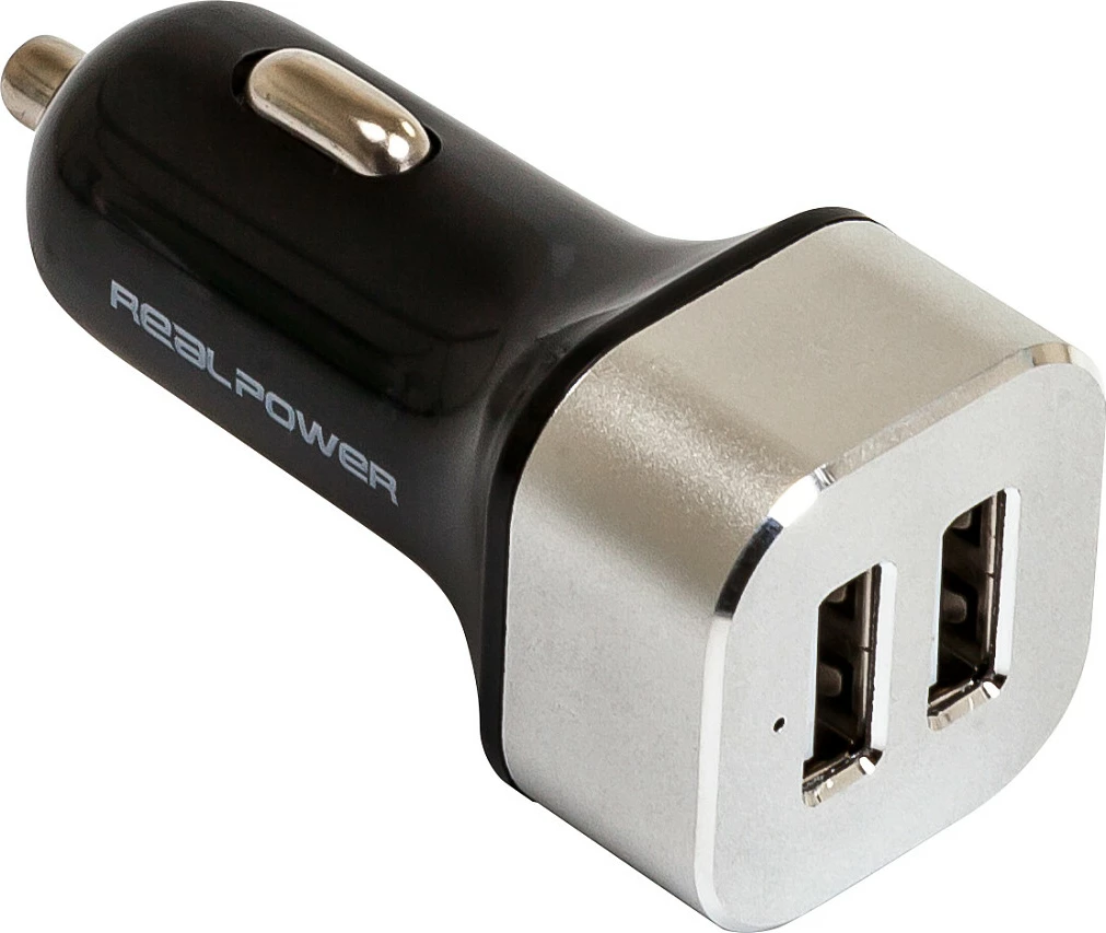Karikues veture USB RealPower 176635, 2x USB, 2.4A/5V, i zi/argjendtë