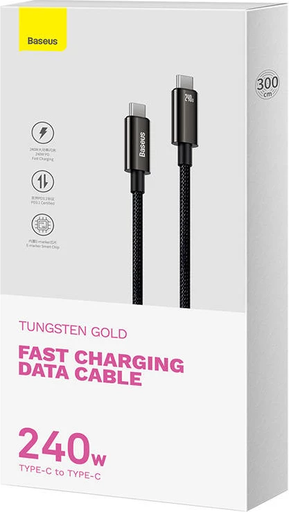 Kabllo USB-C në USB-C Baseus Tungsten Gold, 3m, 240W, e zezë