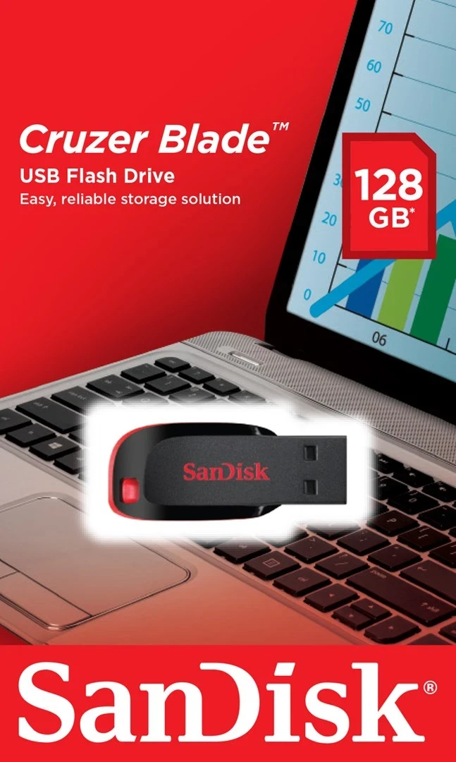 USB Sandisk Cruzer Blade, 128 GB, i zi, i kuq