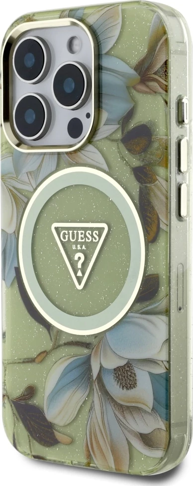 Mbështjellës Guess Glitter Flowers Triangle Buttons MagSafe për iPhone 16 Pro, Gjelbër
