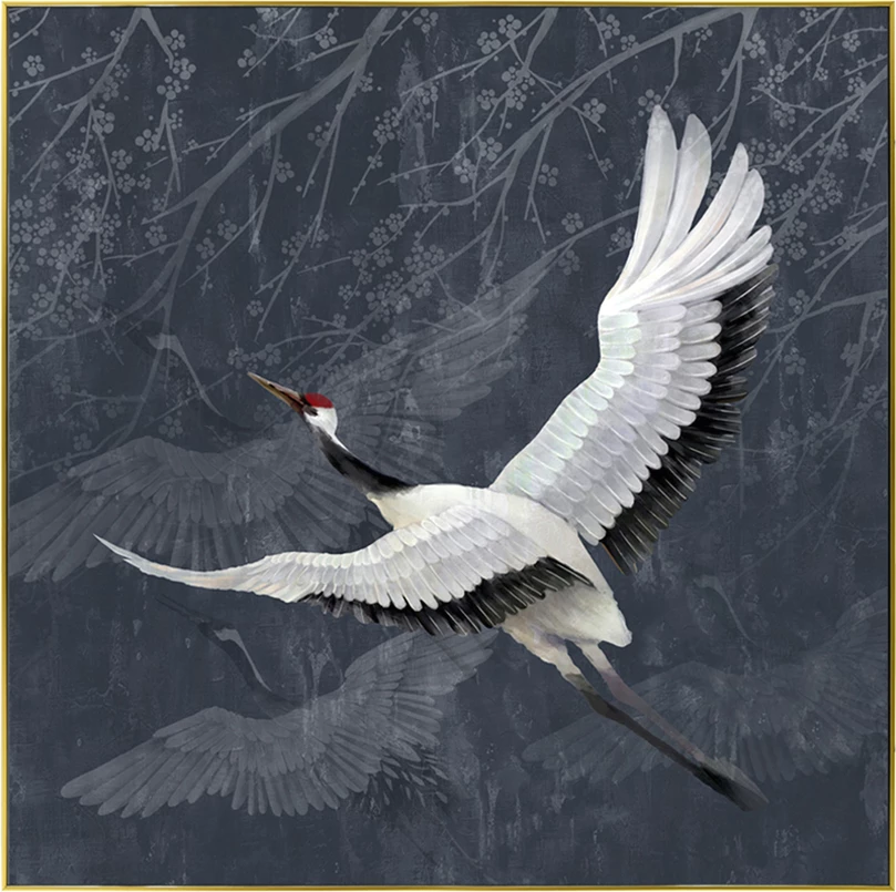 Pikturë dekorative me lejlek, kanavacë, ngjyrë petrol, e bardhë, dru i zi, 83x83x5cm