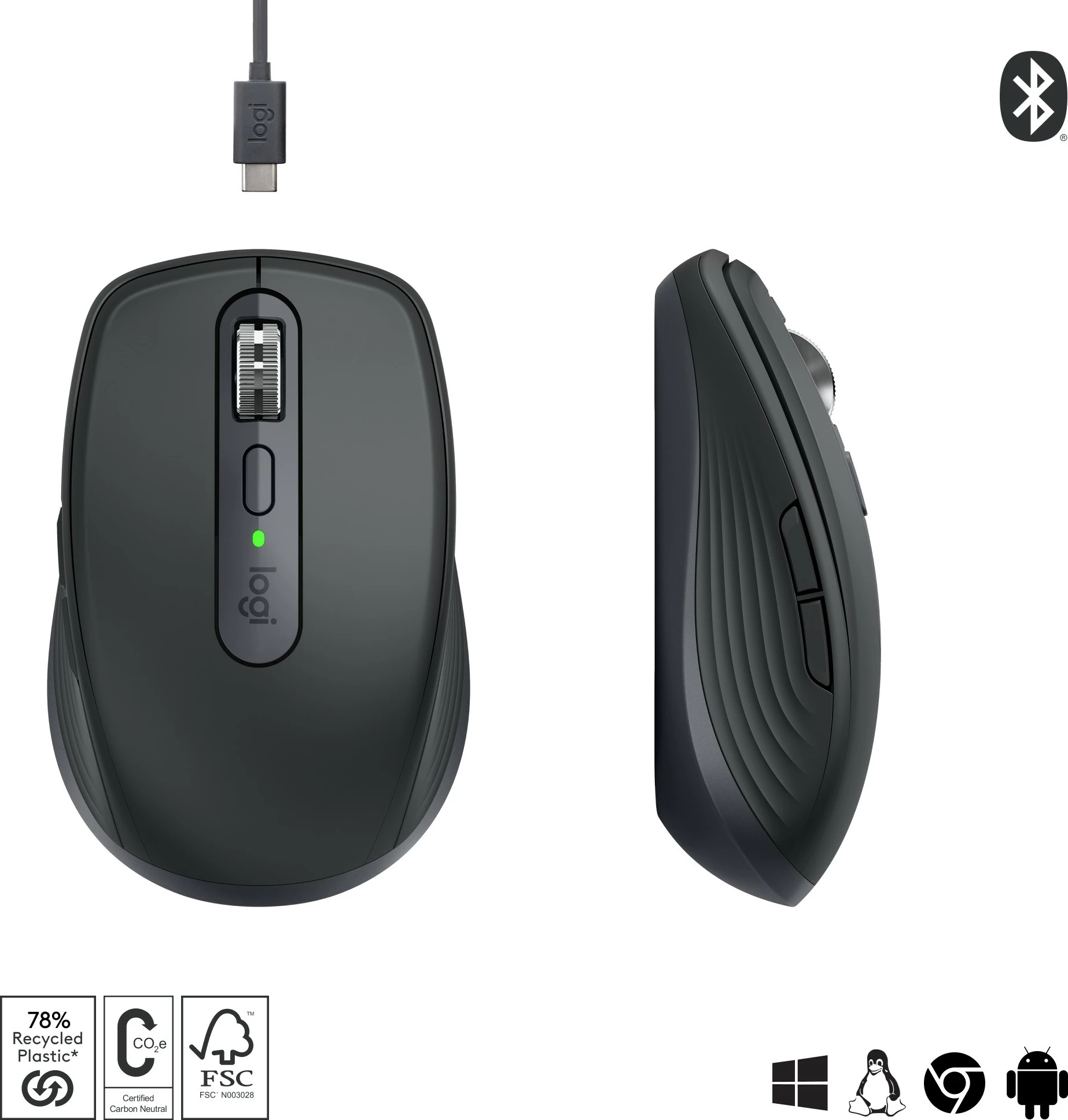 Maus Logitech MX Anywhere 3S, Djathtas, Laser, RF Wireless + Bluetooth, 8000 DPI, Grafit