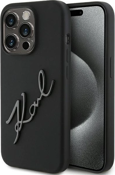 Mbështjellës Karl Lagerfeld Silicone Karl Script për iPhone 15 Pro, i zi