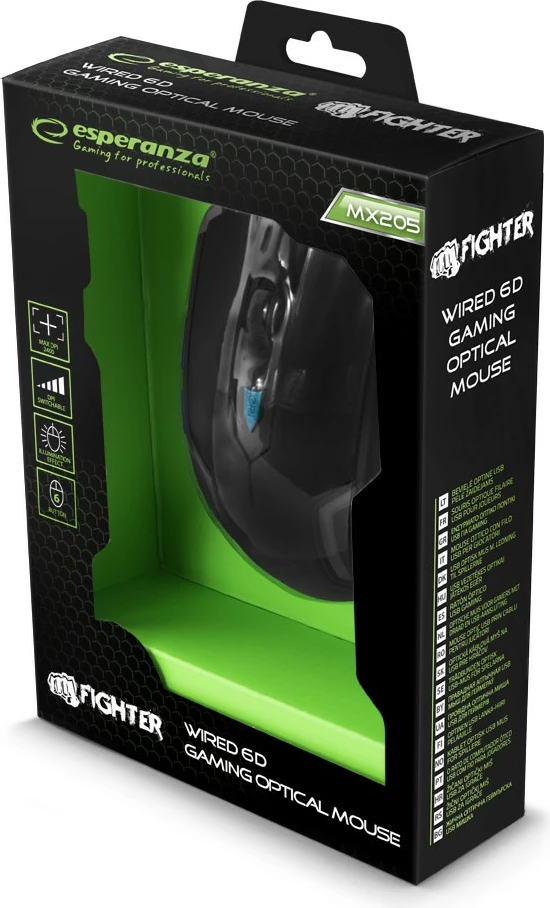 Maus gaming Esperanza Fighter EGM205B, me tela, 2400 DPI, zi/kaltër