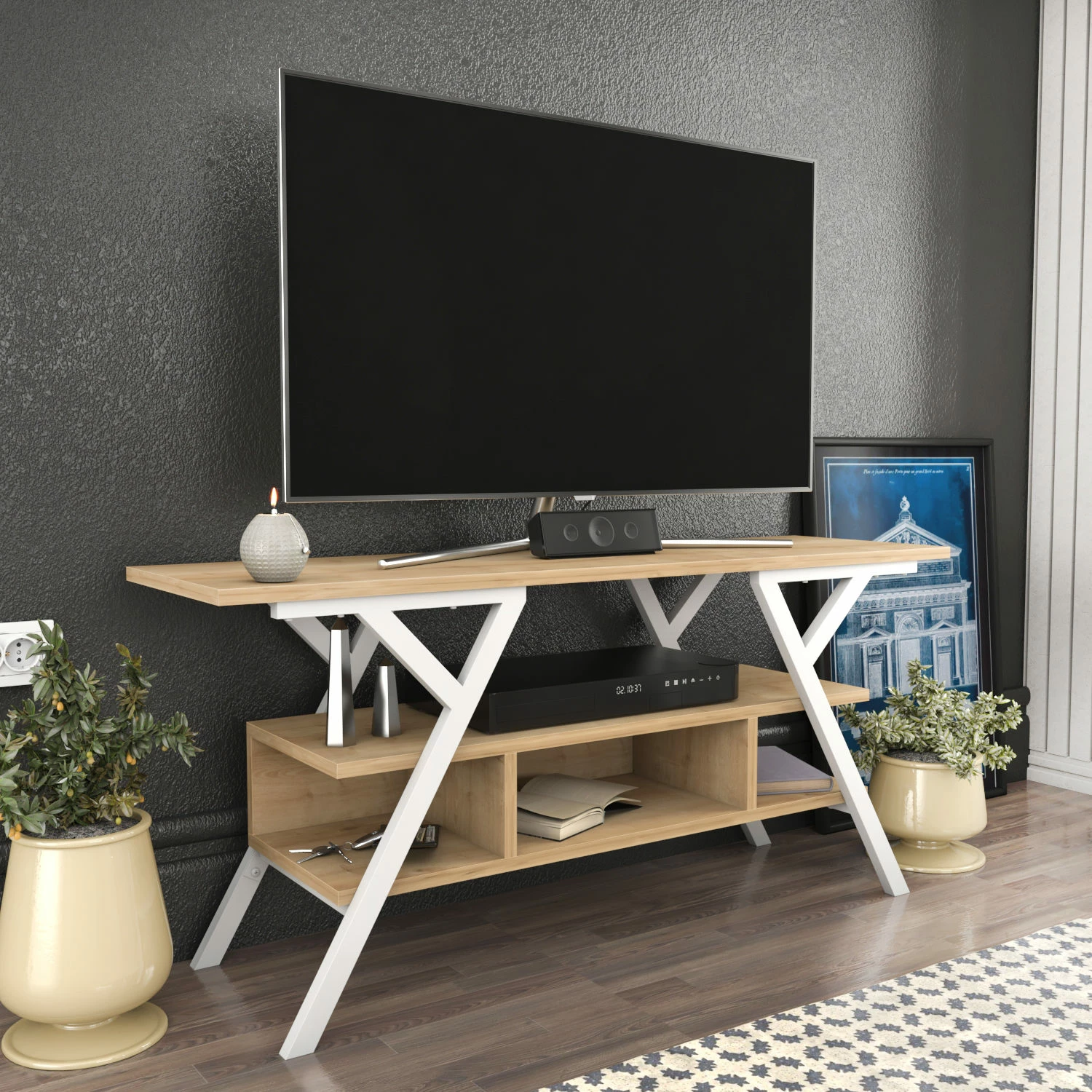 Komodë TV Skye Decor, Minerva, e bardhë dhe lis