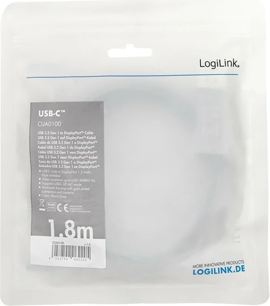 Kabllo USB-C në DisplayPort LogiLink CUA0100, 1.8m, 4K 60Hz, Zezë/Gri