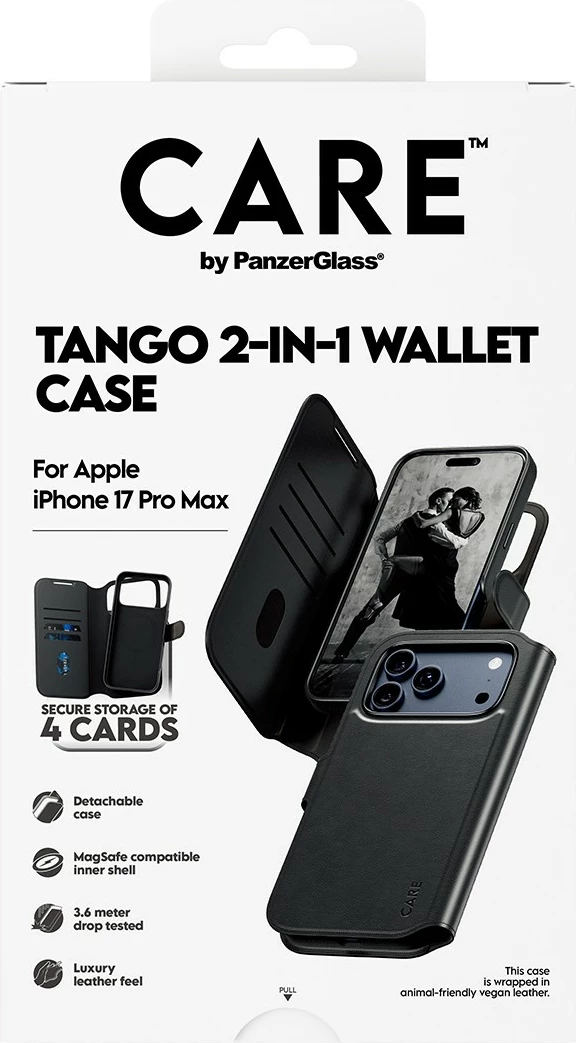 Mbështjellës PanzerGlass CARE Feature Case Tango 2in1 Wallet MagSafe për iPhone 17 Pro Max, i zi